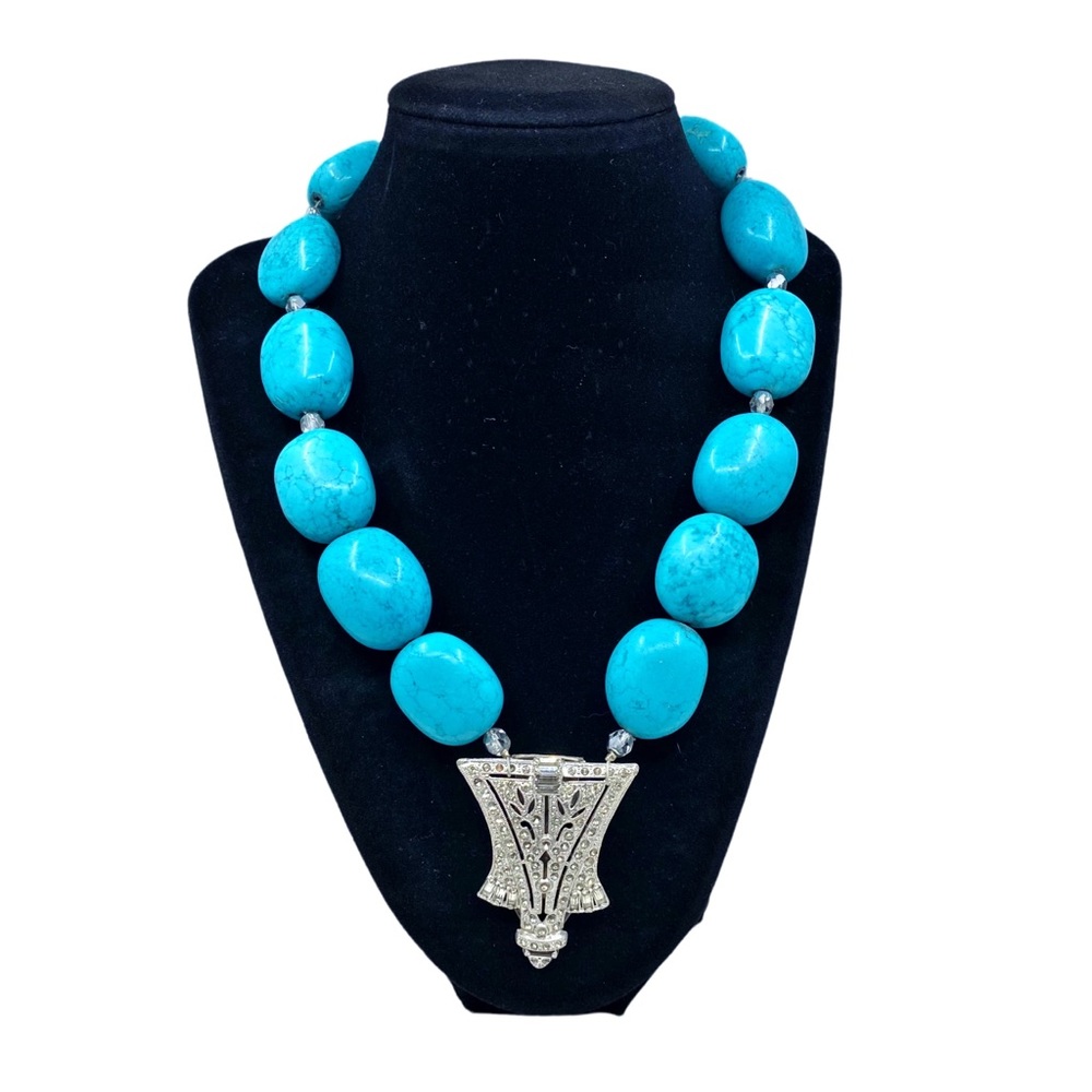 Vintage Turquoise Necklace with Antique Rhinestone Shoe Clip Pendant
